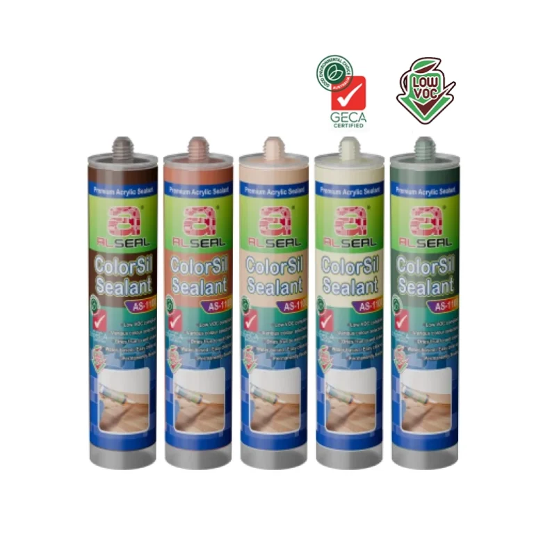 Four tubes of ALSEAL ColorSil Sealant in various colors, with a green label indicating "Premium Acrylic Sealant" and a certification badge.